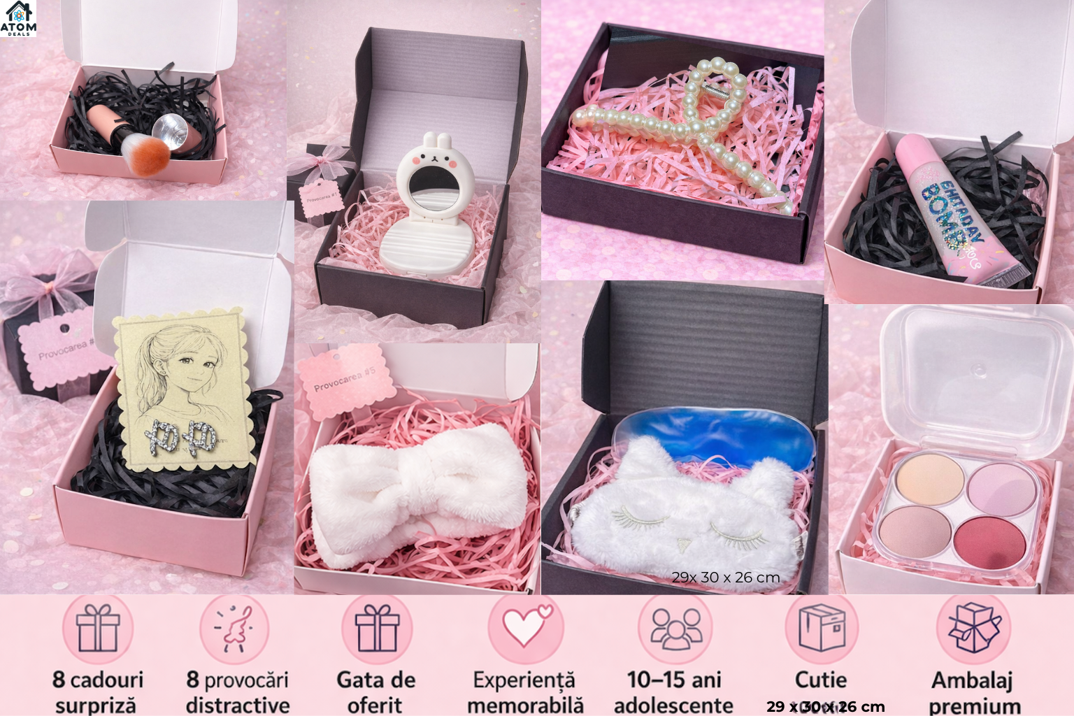 TADAAA! Cadou supriza pentru ziua ei, pentru fete 10-15 ani, 8 cadouri si 8 provocri surpriza, set beauty si relaxare gata de oferit, ideal pentru zi de nastere, prietena sau colega ATOM Deals