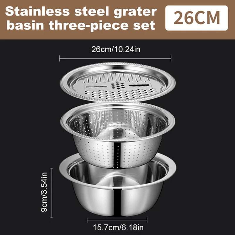 3 in 1 Multifunctional Stainless Steel Kitchen Graters Vegetable Slicer Vegetable Cutter Drain Basket Set Fruit Drain Basin