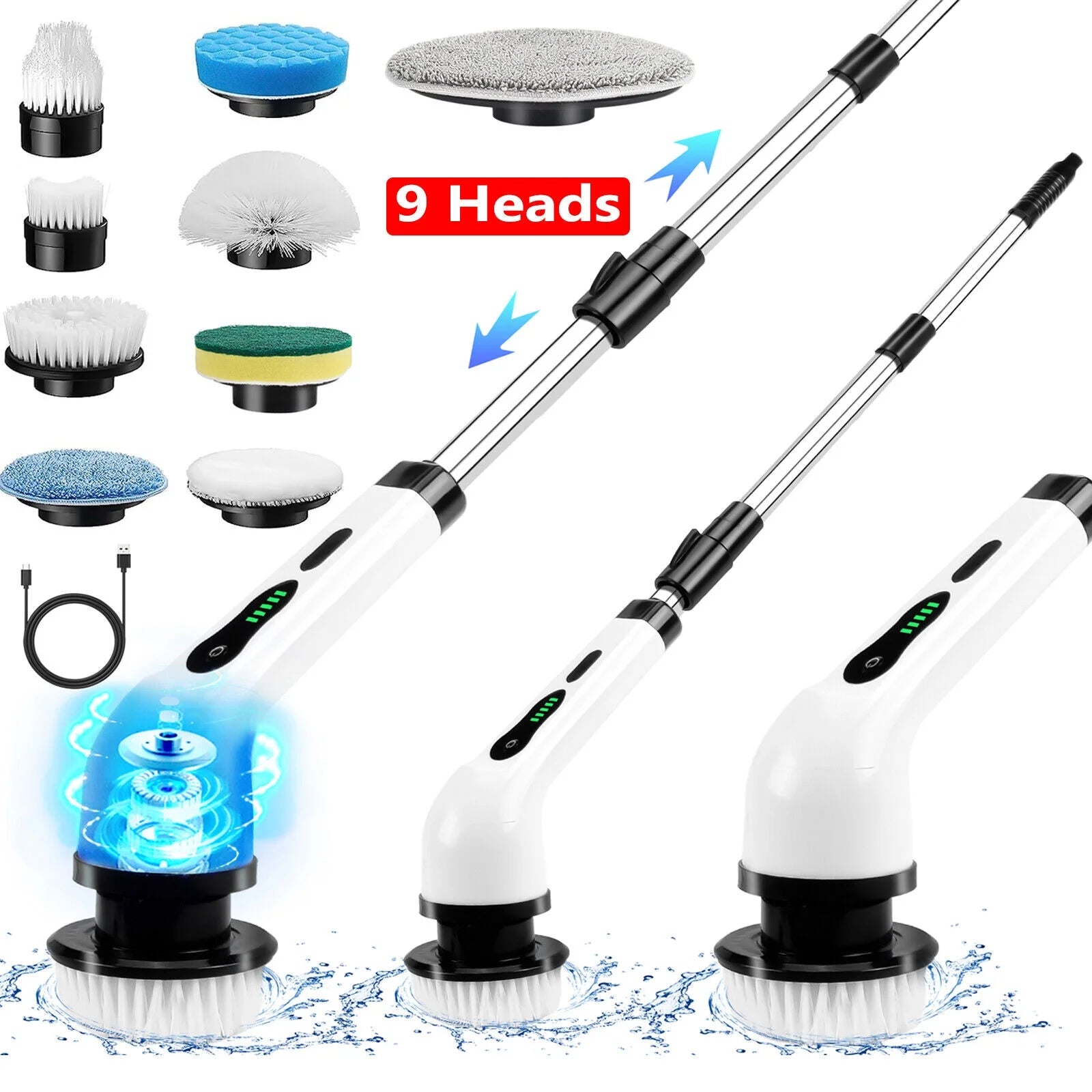 Electric Spin Scrubber, Cordless Cleaning Brush Waterproof with 9 Replaceable Brush Heads, 1.5H Power Dual Speed, 2024 New Shower Scrubber with Extension Handle for Bathroom Tub Tile Floor Car