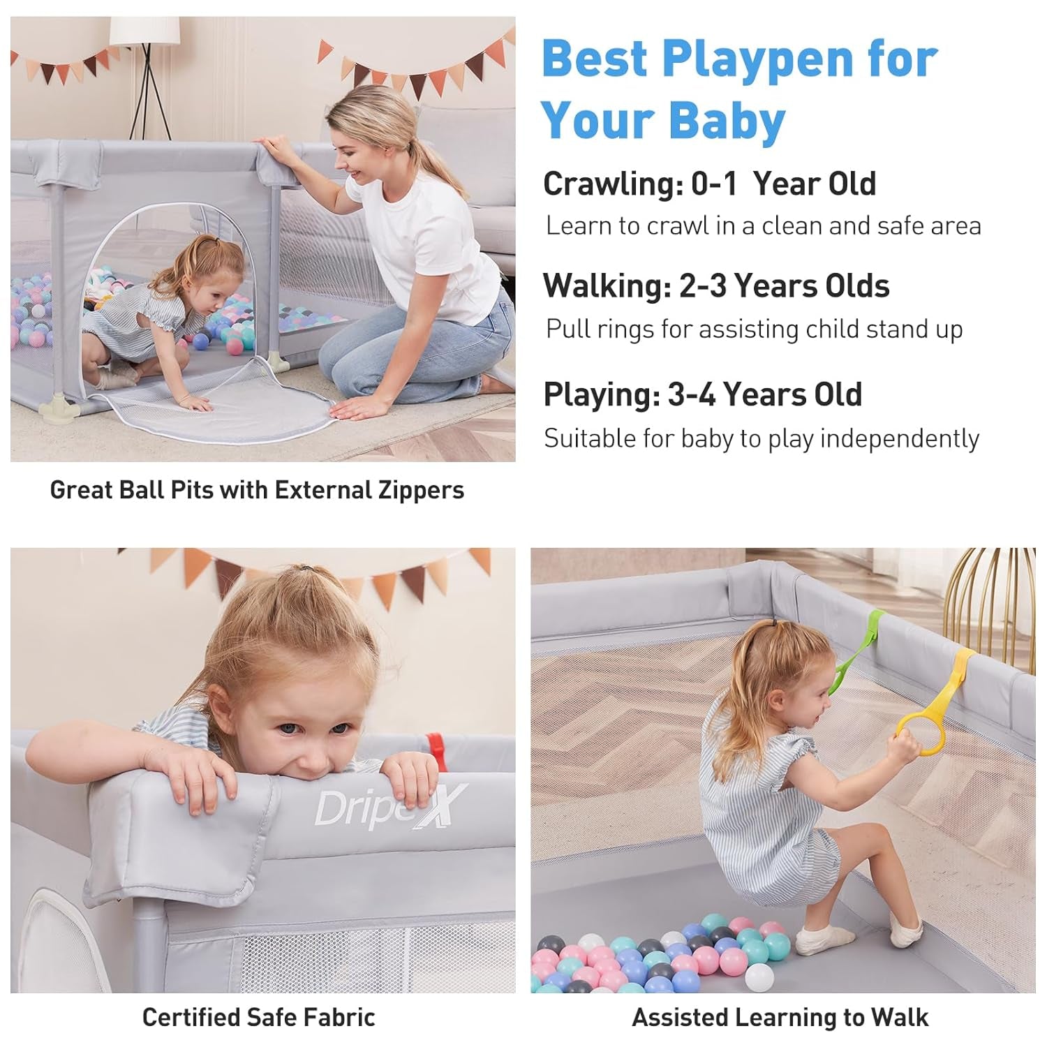 Baby Playpen, 79"X59" Large Play Pens for Babies and Toddlers, Safe Anti-Fall Play Yard, Visible Baby Play Pen with Gate, Baby Fence Play Area with Pull-Up Ring, Washable Baby Play Yards, Grey