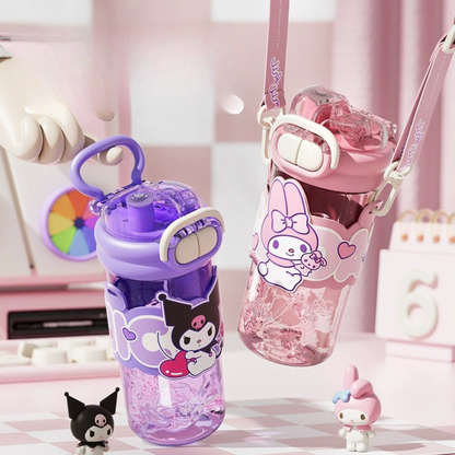 Sticla de apa pentru copii ATOM Deals® design Kuromi, 650 ml, tritan, sistem dublu de baut, rezistenta la cadere, inchidere etansa 360°, material tritan ecologic, BPA-Free, sistem pentru transportat