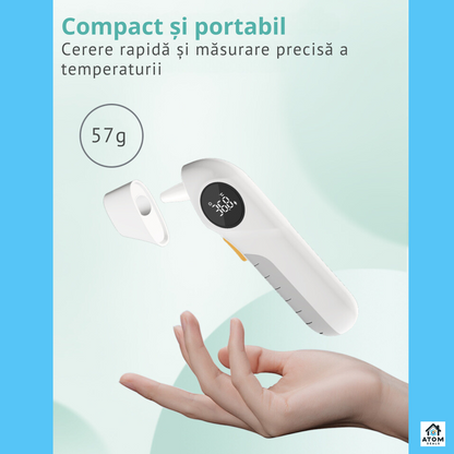 Termometru infrarosu non-contact ATOM DEALS®️, masurare rapida 1 secunda, afisaj LED, 32 momente memorate, precizie 0.2 °C, distanta masurare 1.5cm-5cm, pentru frunte si ureche, capac protectie, alb