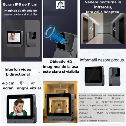 Sonerie video ecran IPS 10.9 cm, vedere nocturnă, audio bidirecțional