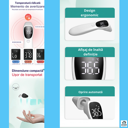 Termometru infrarosu digital 2in1 ATOM DEALS®️, frunte si ureche, pentru copii si adulti, masurare non-contact 1 secunda, precizie ±0.2°C, 32 memorii, afisaj LED, compact si usor, capac protectie, alb
