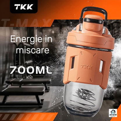 Shaker sport 700 ml – Tritan fără BPA, capac etanș, marcaje dozaj, gri/portocaliu