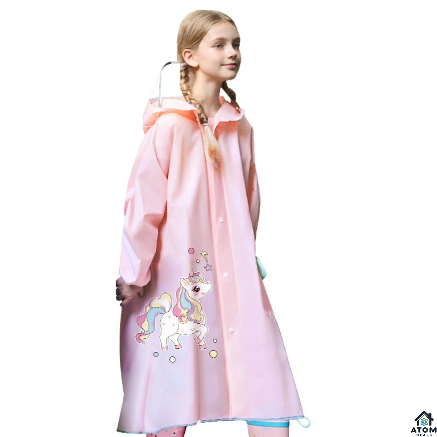 Pelerina de ploaie pentru copii ATOM Deals® unicorn roz, impermeabila EVA, protectie ghiozdan, gluga cu cozoroc transparent, benzi reflectorizante, sac depozitare inclus