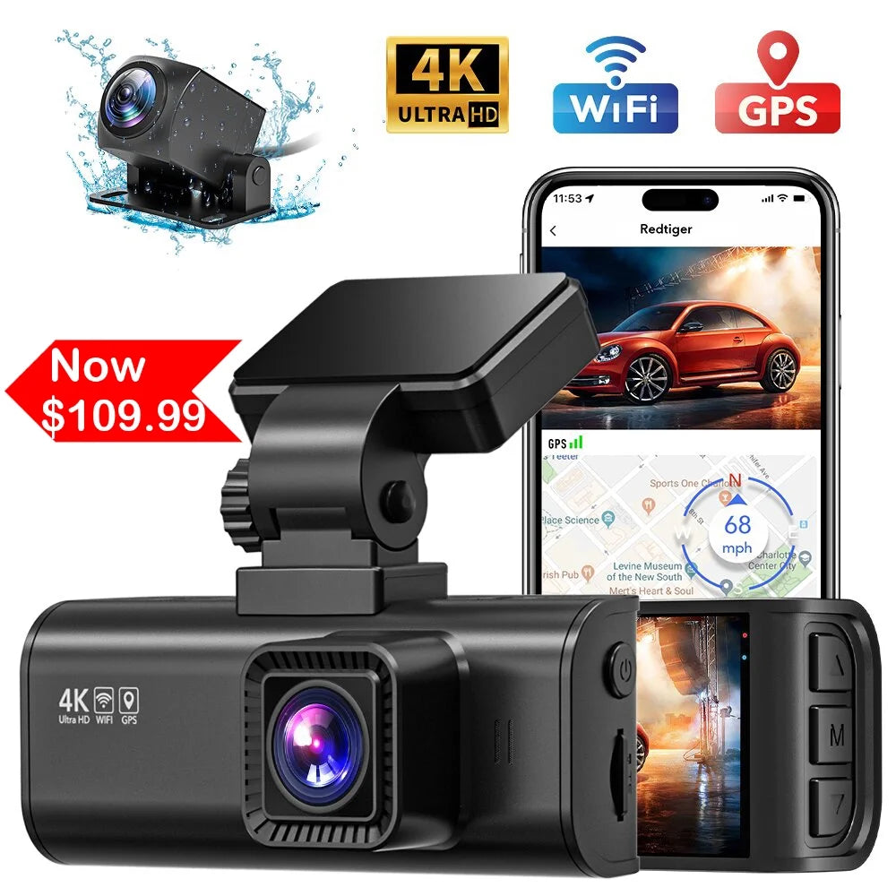 Dash Cam Front and Rear, 4K Dash Cam with Wifi & GPS, 4K/2.5K Front+1080P Rear Dash Camera with View Night Vision, LCD Screen Display, Loop Recording,Black