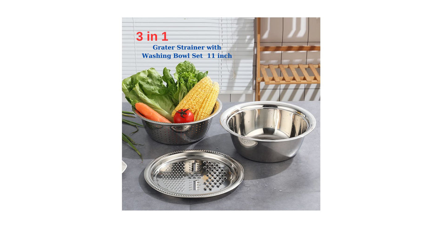 Multifunctional stainless steel kitchen set: grater, slicer, drain basket