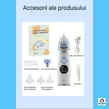 Aspirator nazal electric pentru copii și bebeluși, 5 viteze, auto-curățare, IPX6 rezistent la apă, acumulator 600mAh, 3 capete