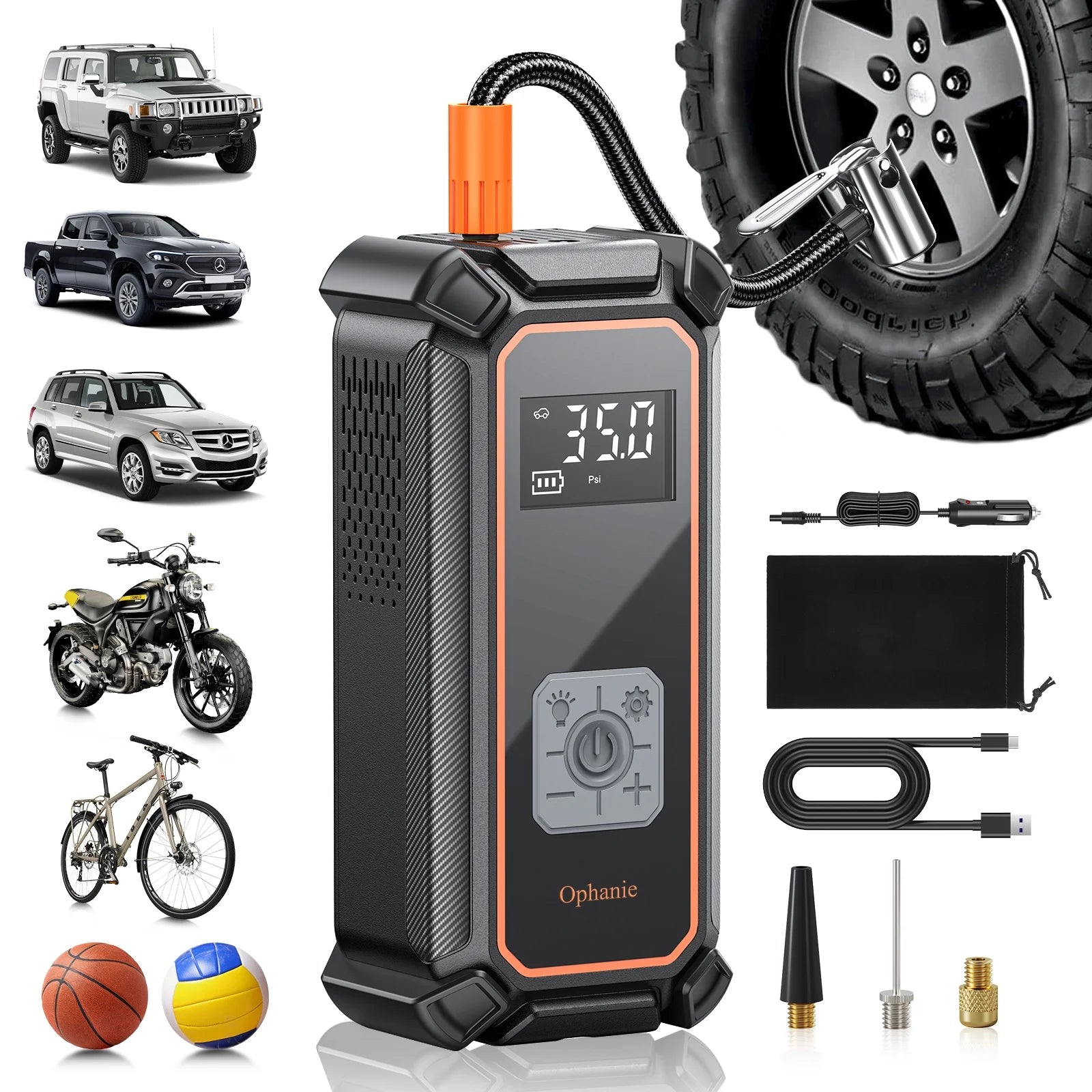 Cordless Portable Tire Inflator - 160 PSI, Digital Gauge, Auto Shutoff