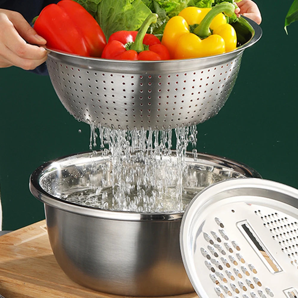 3 in 1 Multifunctional Stainless Steel Kitchen Graters Vegetable Slicer Vegetable Cutter Drain Basket Set Fruit Drain Basin