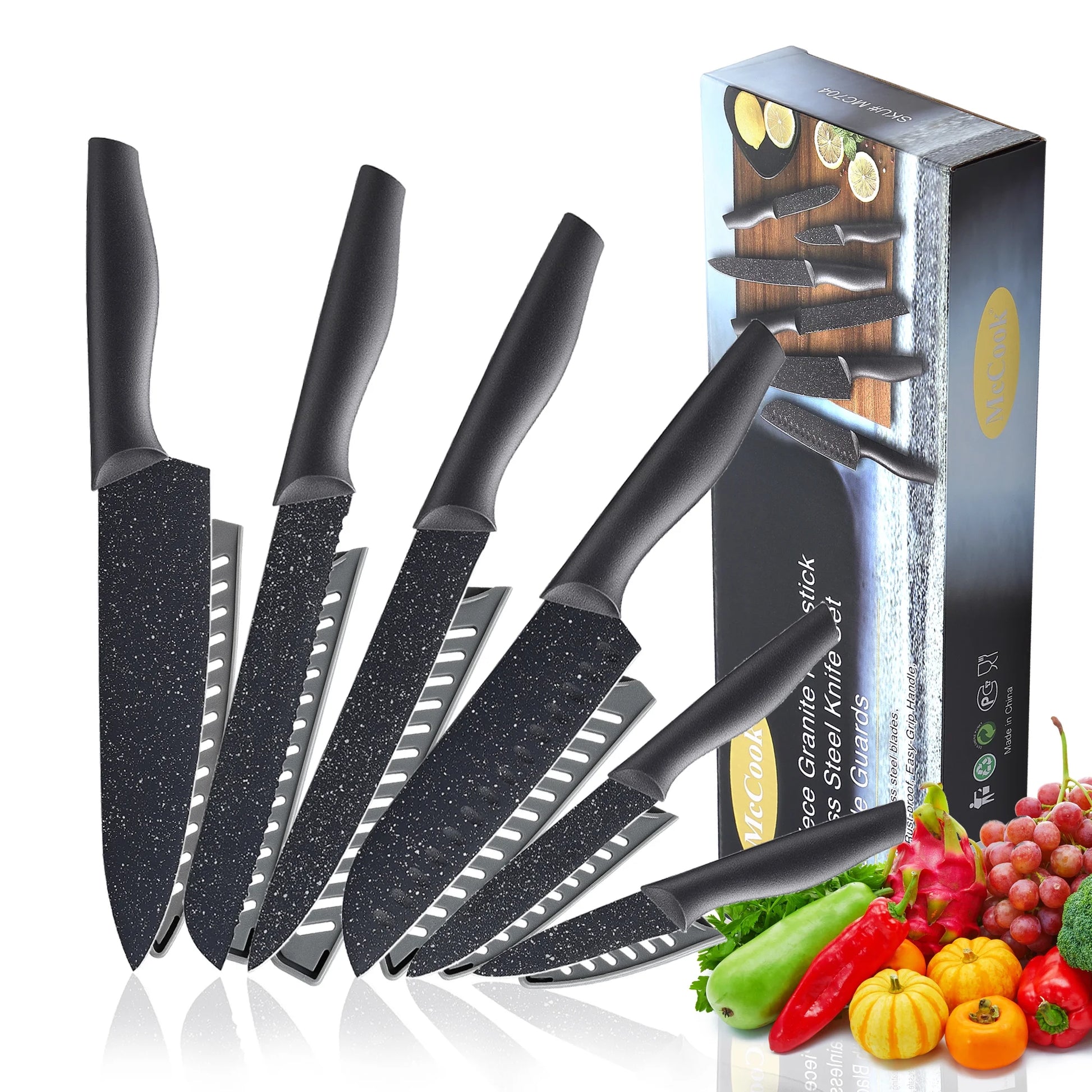 Knife Set,  12-Piece Granite Kitchen Knife Set, High Carbon German Stainless Steel Knives Set with Blade Guards, Non-Stick Coating, Ultra Sharp, Dishwasher Safe