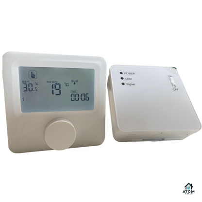 Termostat de ambient wireless ATOM DEALS®️, HY06RF pentru centrale pe gaz, programabil saptamanal, mod vacanta, control digital, precizie ±0.5℃, ecran LCD retroiluminat, alimentare cu 2 Baterii AA