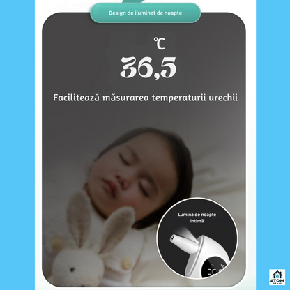 Termometru infrarosu non-contact ATOM DEALS®️, masurare rapida 1 secunda, afisaj LED, 32 momente memorate, precizie 0.2 °C, distanta masurare 1.5cm-5cm, pentru frunte si ureche, capac protectie, alb