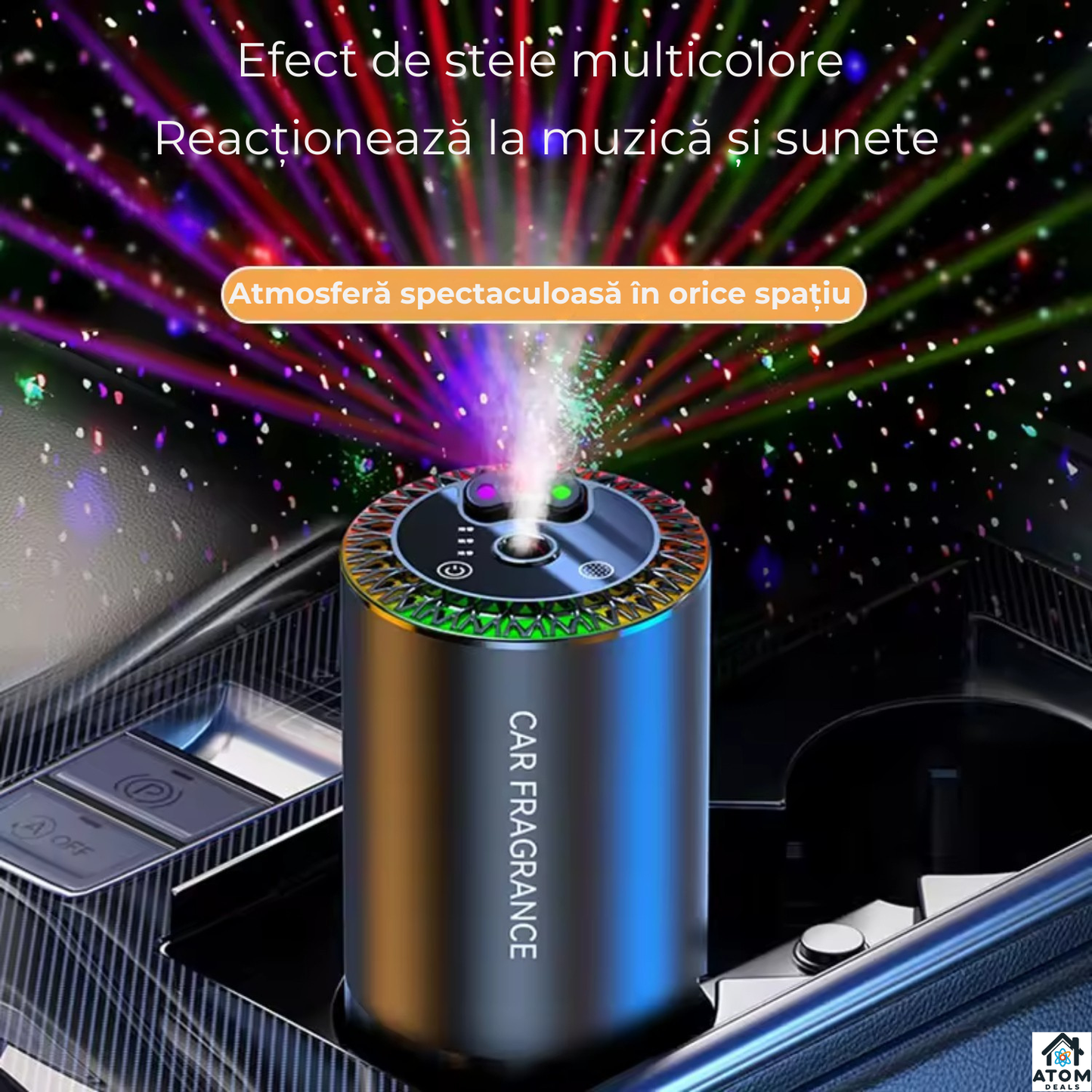 Odorizant auto ATOM Deals® smart cu difuzie nano, purificare aer, RGB muzical, parfum Cologne Ocean, aluminiu premium