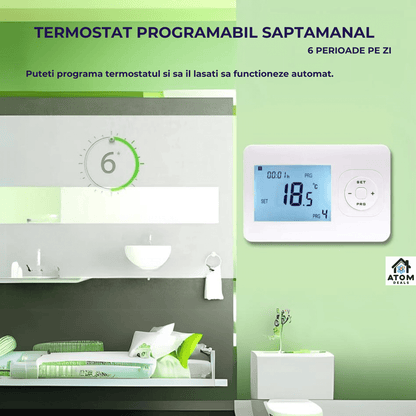 Termostat Wireless ATOM DEALS®️, control temperatura pentru sistem incalzire centrala gaz, programabil saptamanal,montaj pe perete, control temperatura, AC220V, 10A, alimentare cu 2 Baterii AA, ideal pentru apartament, hotel, birou, alb