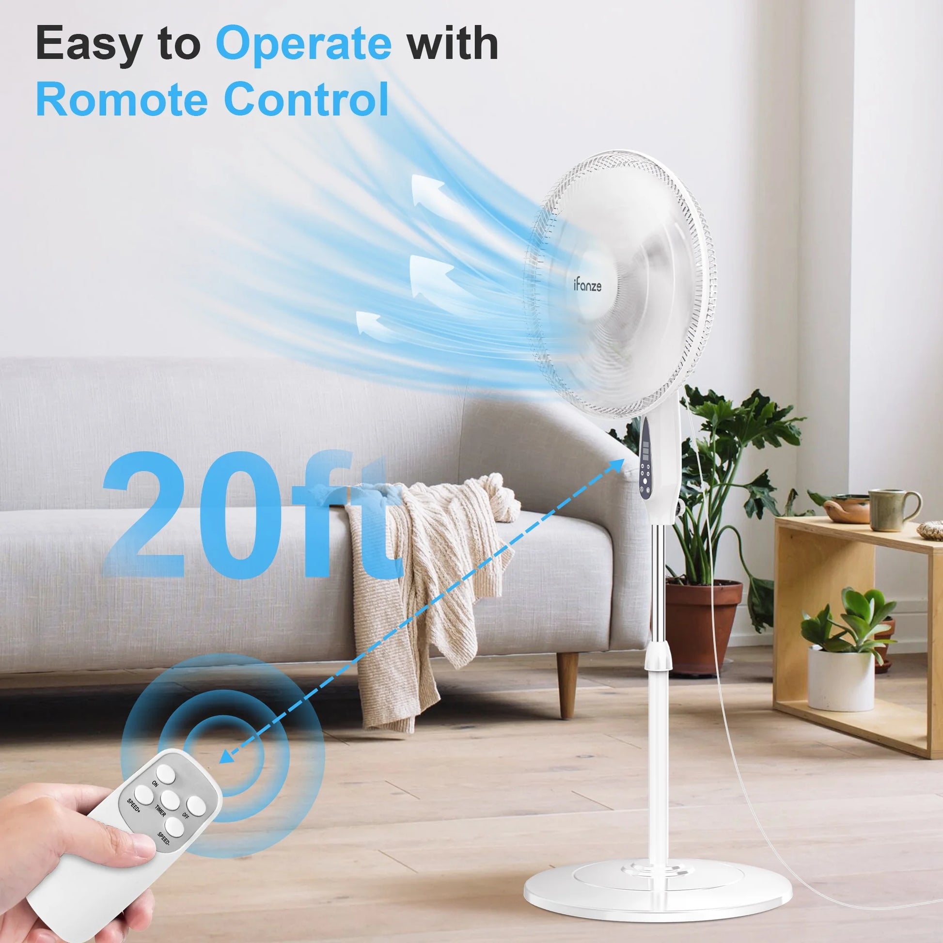 Pedestal Fan, 16" Adjustable Oscillating DC Standing Fan with Remote, 3 Speeds, Less Noise Cooling Fan, White