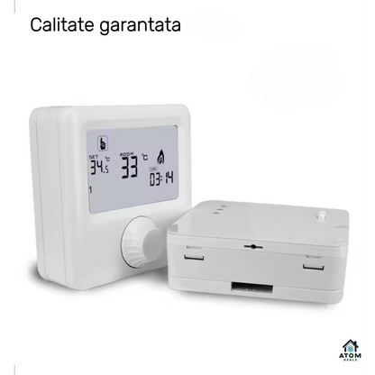 Termostat de ambient wireless ATOM DEALS®️, HY06RF pentru centrale pe gaz, programabil saptamanal, mod vacanta, control digital, precizie ±0.5℃, ecran LCD retroiluminat, alimentare cu 2 Baterii AA
