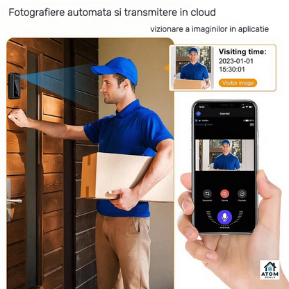 Sonerie video smart ATOM DEALS, 1080P, WiFi, Tuya, IP65, noapte