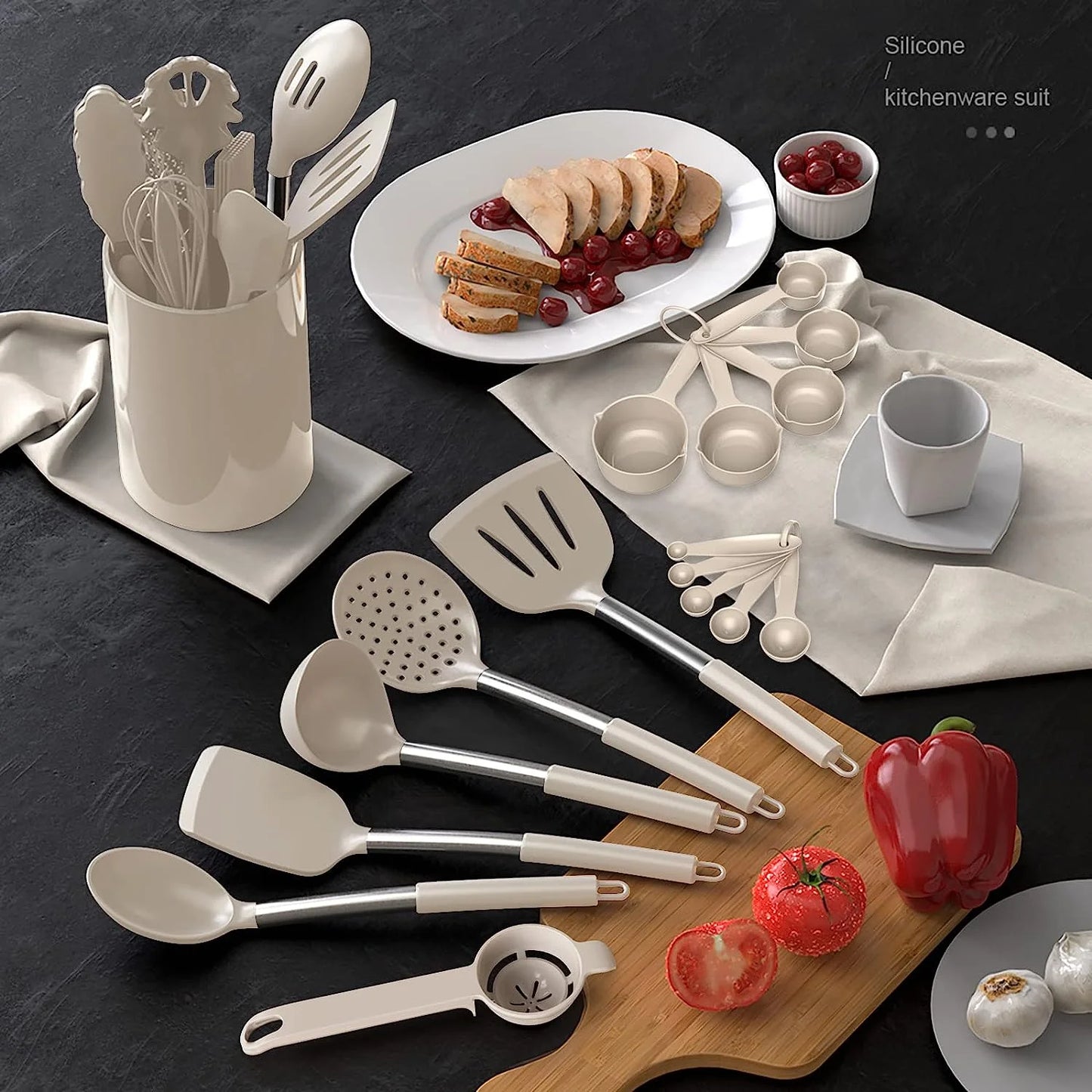 Silicone Cooking Utensils Set - Heat Resistant Stainless Steel Kitchen Utensils, Baking Tools Kitchen Gadgets,Turner, Tongs,Spatula,Spoon,Brush,Whisk,Non-Stick, Dishwasher Safe,Bpa FREE (Khaki)