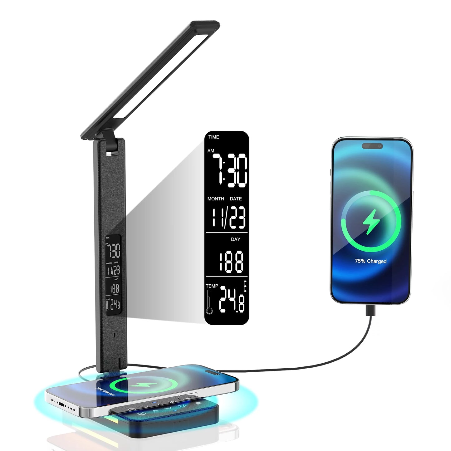 Desk Lamp, LED Desk Light with Wireless Charger, Dimmable Eye-Protecting Smart Lamp with Night Light, Kids for Study Reading