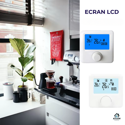 Termostat de ambient wireless ATOM DEALS®️, HY06RF pentru centrale pe gaz, programabil saptamanal, mod vacanta, control digital, precizie ±0.5℃, ecran LCD retroiluminat, alimentare cu 2 Baterii AA