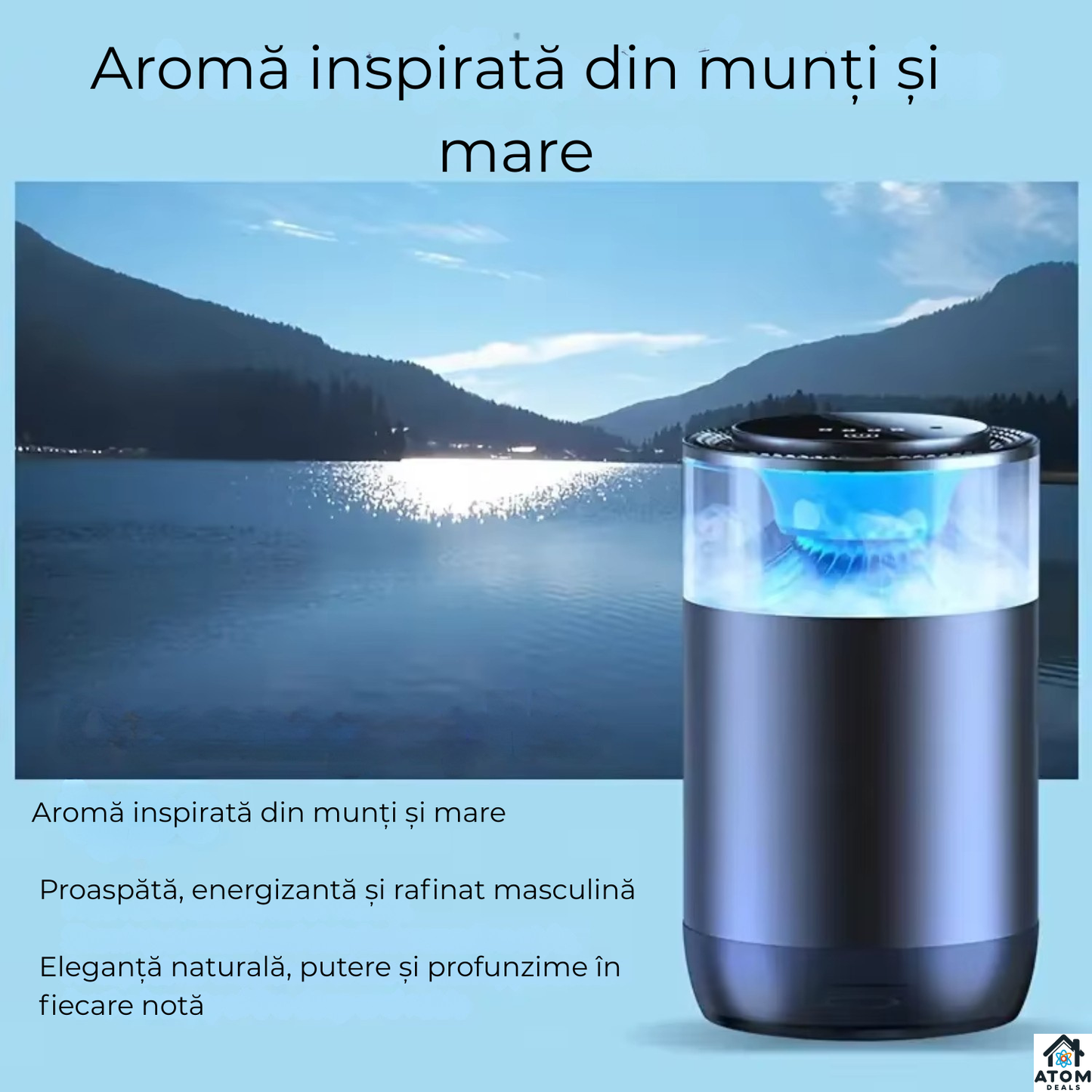 Odorizant auto premium negru, difuzor aromaterapie fara apa ATOM Deals®, reincarcabil type-C, LED ambient, super silentios, design metalic luxury 10 ml