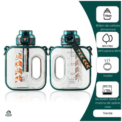 Sticlă sport 1000 ml Tritan fără BPA, pai silicon, capac flip, curea