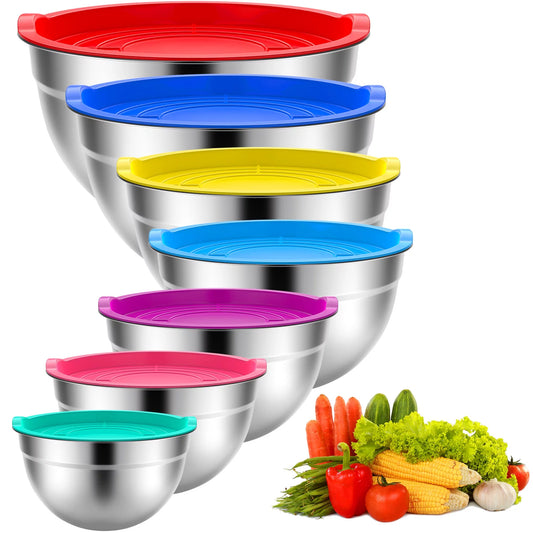 Mixing Bowls with Lids: Stainless Steel Mixing Bowls Set - 7PCS Metal Nesting Mixing Bowls for Kitchen, Size 7, 4.5, 3, 2, 1.5, 1, 0.7 QT, Great for Prep, Baking, Serving-Multi-Color