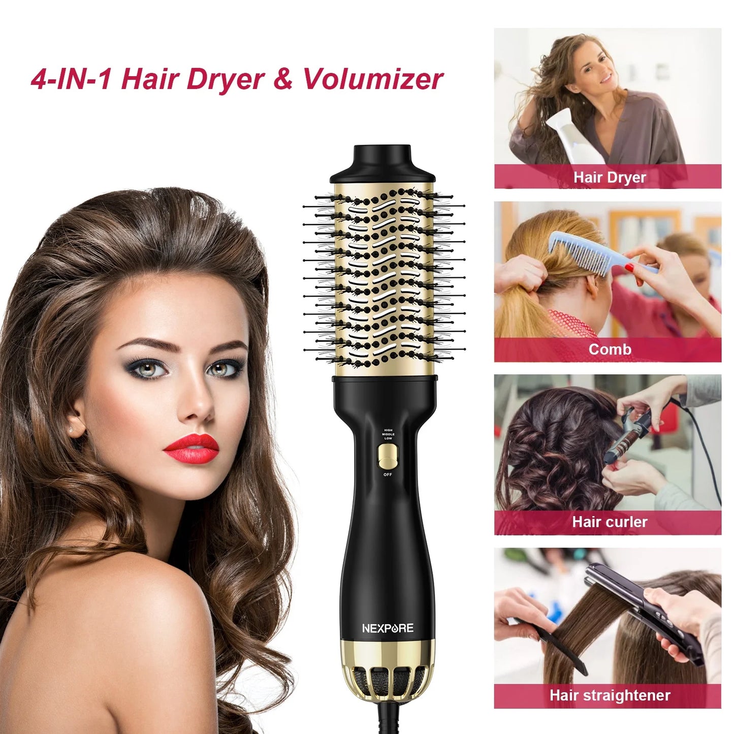 Hair Dryer Brush,Upgraded 4 in 1 Hair Dryer Brush Blow Dryer Brush in One with Negative Ion Anti-Frizz Ceramic Titanium Barrel Hot Air Brush Hair Straightener Brush