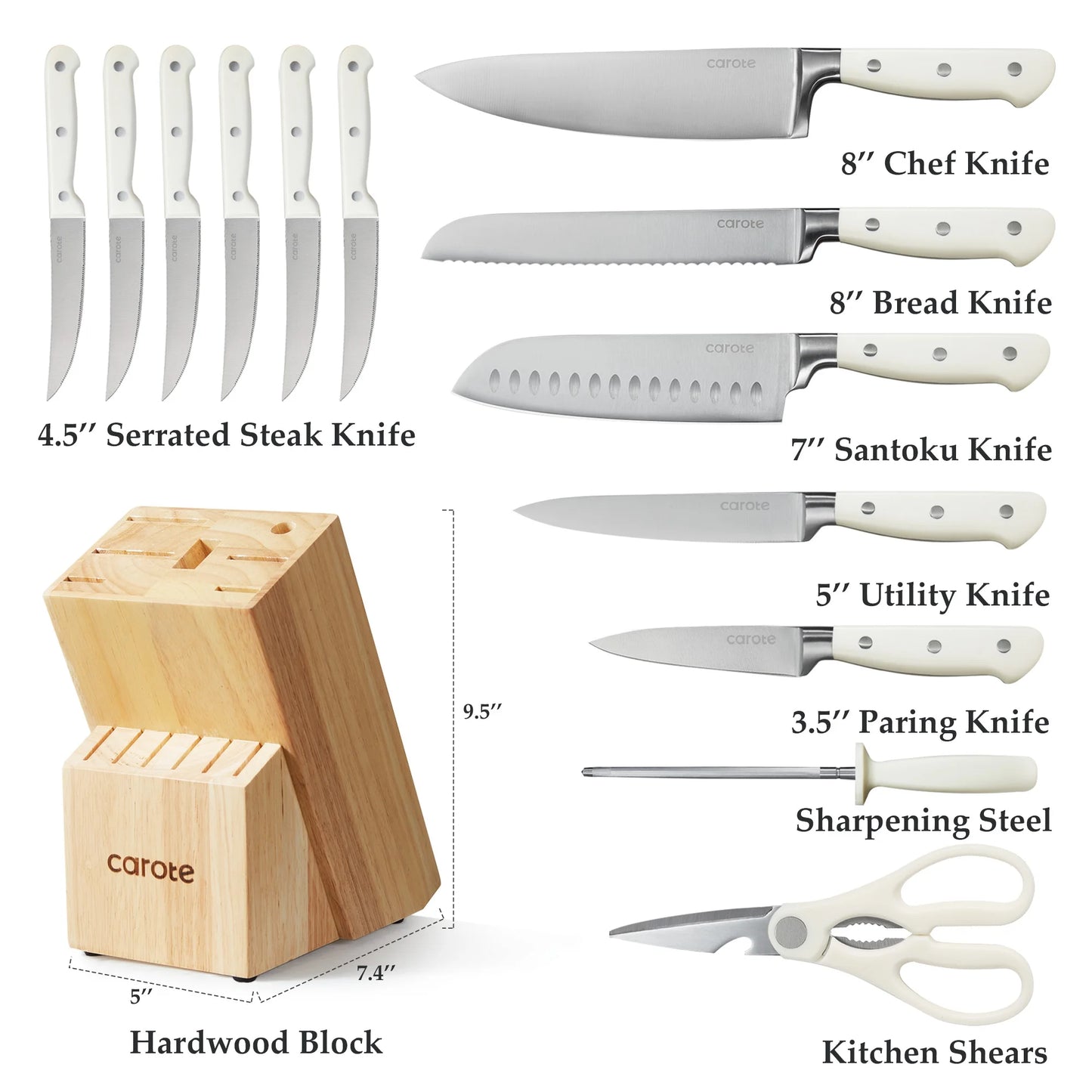 14 Pieces Knife Set with Wooden Block Stainless Steel Knives Dishwasher Safe with Sharp Blade Ergonomic Handle Forged Triple Rivet-Pearl White