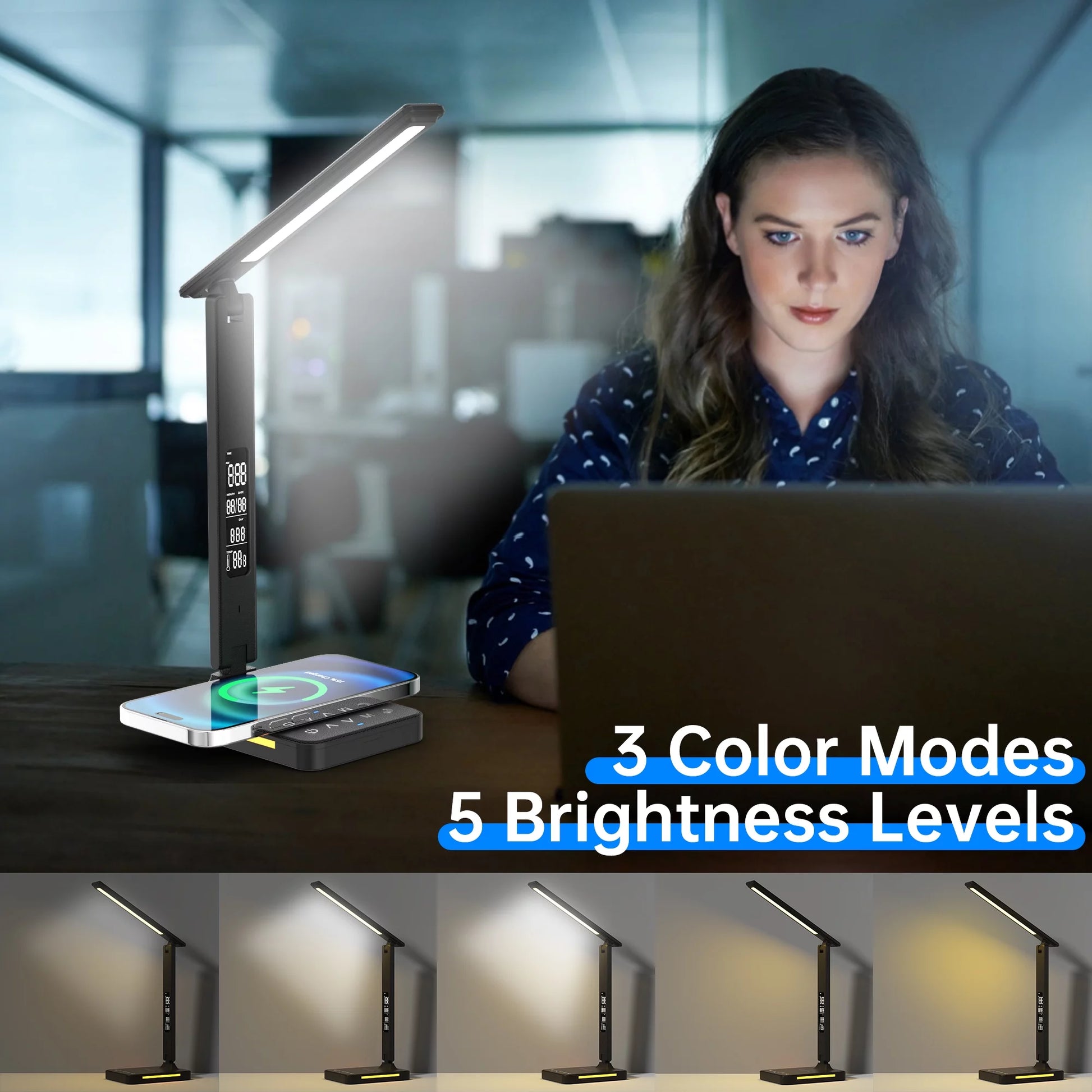 Desk Lamp, LED Desk Light with Wireless Charger, Dimmable Eye-Protecting Smart Lamp with Night Light, Kids for Study Reading