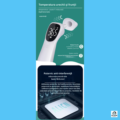 Termometru infrarosu digital 2in1 ATOM DEALS®️, frunte si ureche, pentru copii si adulti, masurare non-contact 1 secunda, precizie ±0.2°C, 32 memorii, afisaj LED, compact si usor, capac protectie, alb