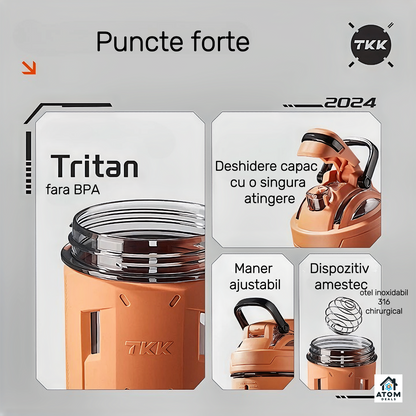 Shaker sport 700 ml – Tritan fără BPA, capac etanș, marcaje dozaj, gri/portocaliu