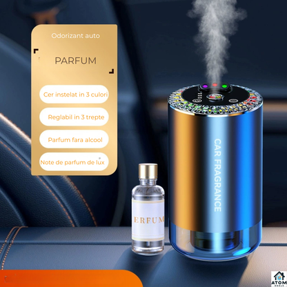 Odorizant auto ATOM Deals® smart cu difuzie nano, purificare aer, RGB muzical, parfum Cologne Ocean, aluminiu premium