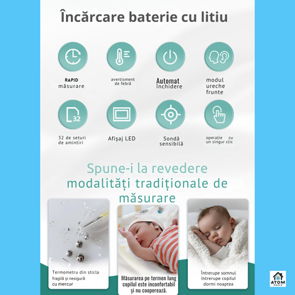 Termometru infrarosu digital 2in1 ATOM DEALS®️, frunte si ureche, pentru copii si adulti, masurare non-contact 1 secunda, precizie ±0.2°C, 32 memorii, afisaj LED, compact si usor, capac protectie, alb