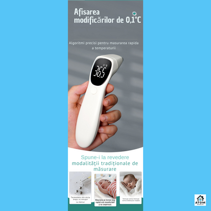Termometru infrarosu digital 2in1 ATOM DEALS®️, frunte si ureche, pentru copii si adulti, masurare non-contact 1 secunda, precizie ±0.2°C, 32 memorii, afisaj LED, compact si usor, capac protectie, alb