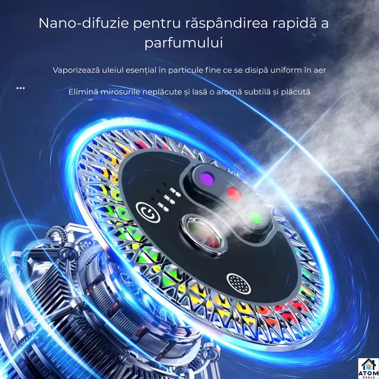Odorizant auto ATOM Deals® smart cu difuzie nano, purificare aer, RGB muzical, parfum Cologne Ocean, aluminiu premium