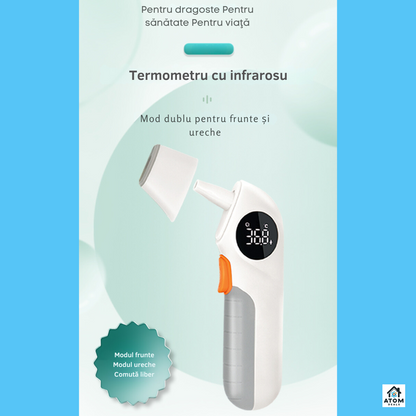 Termometru infrarosu non-contact ATOM DEALS®️, masurare rapida 1 secunda, afisaj LED, 32 momente memorate, precizie 0.2 °C, distanta masurare 1.5cm-5cm, pentru frunte si ureche, capac protectie, alb
