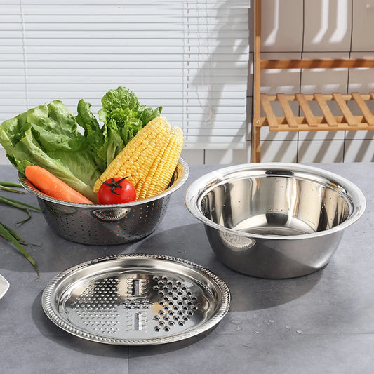 Multifunctional stainless steel kitchen set: grater, slicer, drain basket