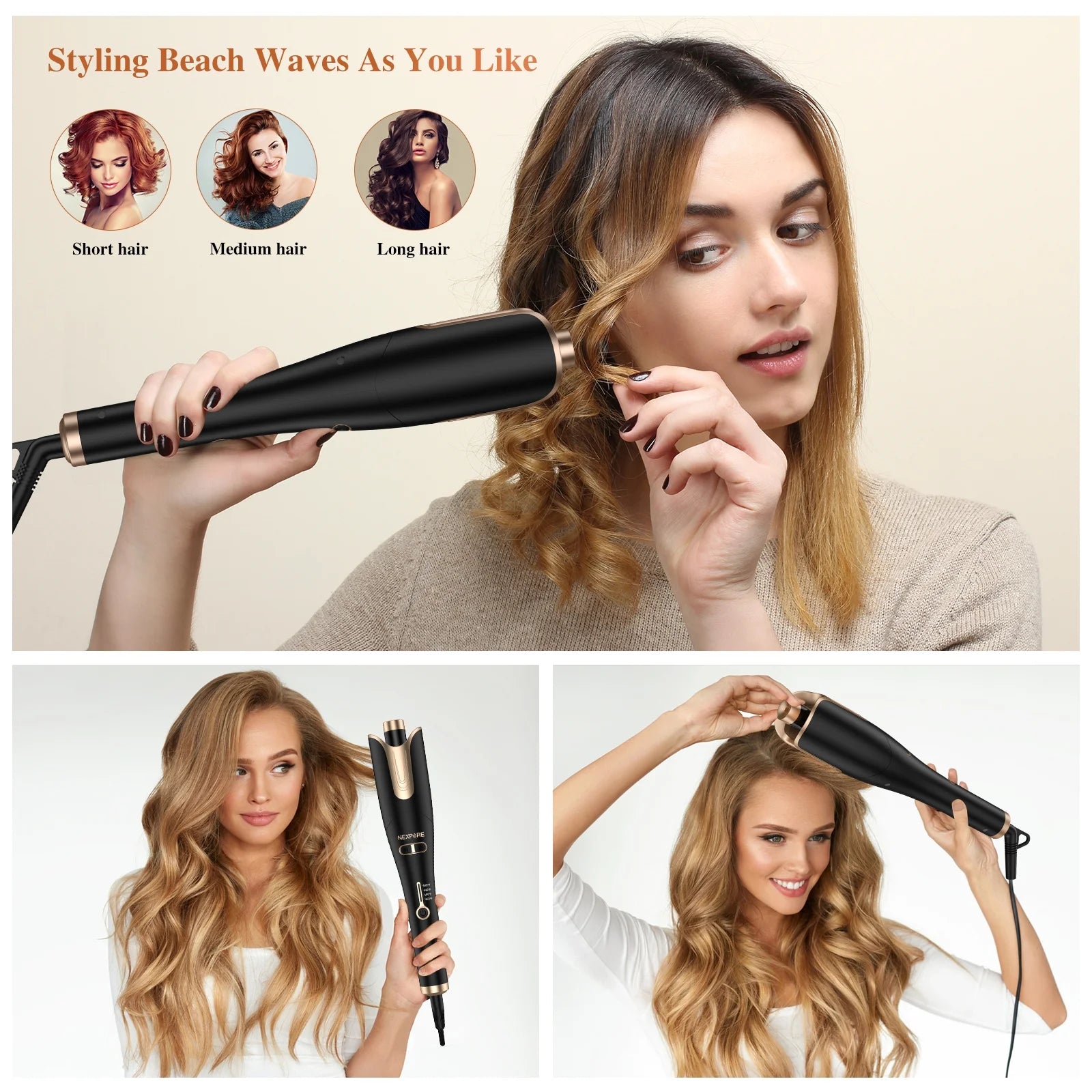 Curling Irons,Curling Iron Professional with 1" Large Rotating Barrel,Salon Curl Hair,Gold