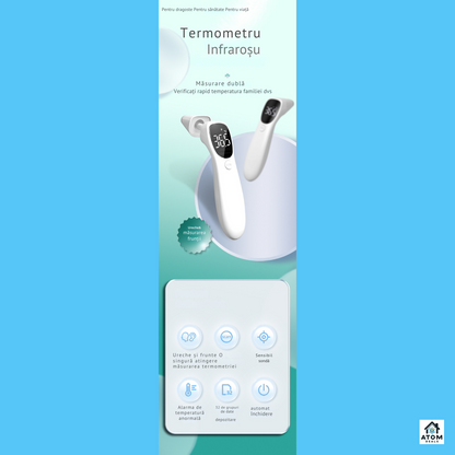Termometru infrarosu digital 2in1 ATOM DEALS®️, frunte si ureche, pentru copii si adulti, masurare non-contact 1 secunda, precizie ±0.2°C, 32 memorii, afisaj LED, compact si usor, capac protectie, alb
