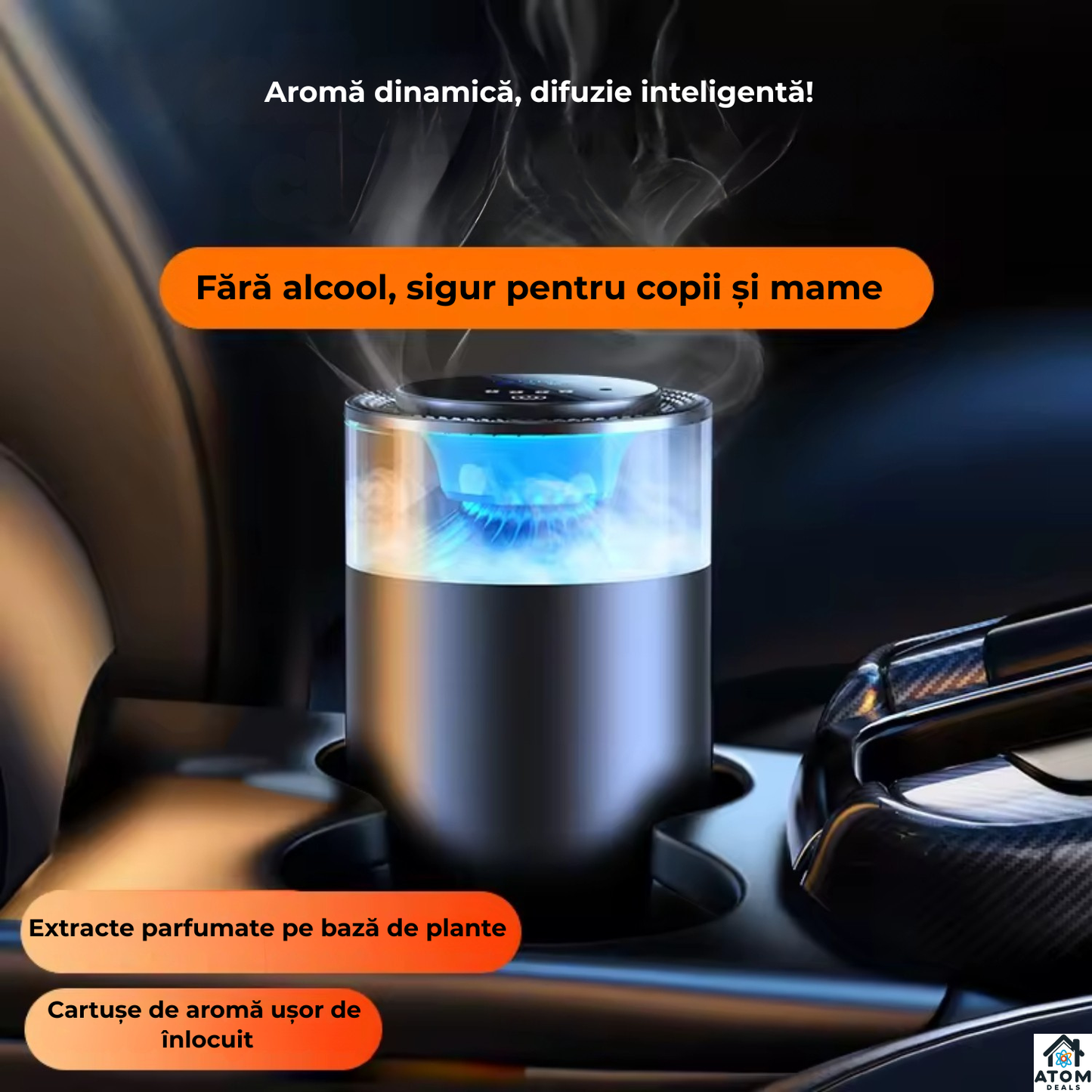 Odorizant auto premium negru, difuzor aromaterapie fara apa ATOM Deals®, reincarcabil type-C, LED ambient, super silentios, design metalic luxury 10 ml