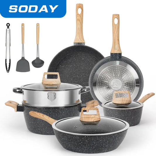 SODAY 12Pcs Pots and Pans Set Non Stick Kitchen Cookware Sets Induction Cookware Nonstick Granite Cooking Set with Frying Pans, Saucepans, Steamer Silicone Shovel Spoon & Tongs (Black)Nonstick Pots Aluminium