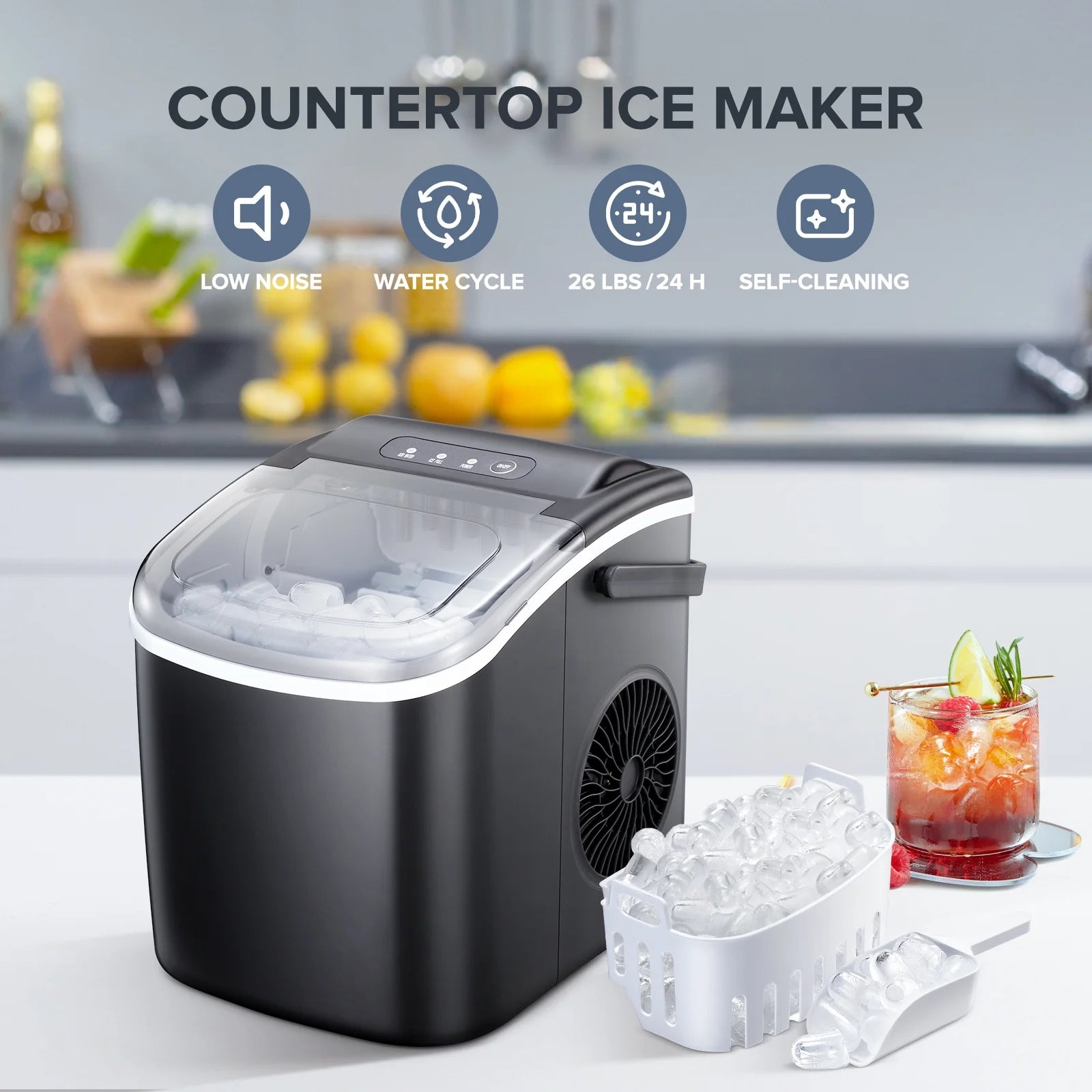 Countertop Ice Maker, Self-Cleaning Portable Ice Maker Machine with Handle, 9 Bullet-Shaped Ice Cubes Ready in 6 Mins, 26Lbs/24H with Ice Scoop and Basket for Home/Kitchen/Party