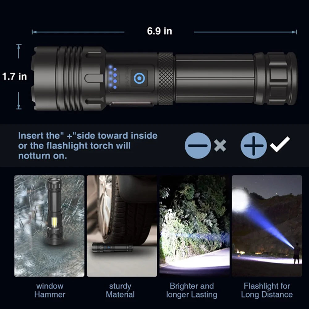 90000 Lumens Powerful Flashlight, Rechargeable Waterproof Searchlight XHP70.2 Super Bright Handheld Led Flashlight Tactical Flashlight 26650 Battery USB Zoom Torch for Emergency Hiking Hunting Camping