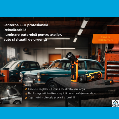 Lanterna LED multifunctionala ATOM Deals®, 1000 lm, reincarcabila USB-C, magnetica, zoom reglabil, SOS, IP54, 3000 mAh, negru/portocaliu ATOM Deals