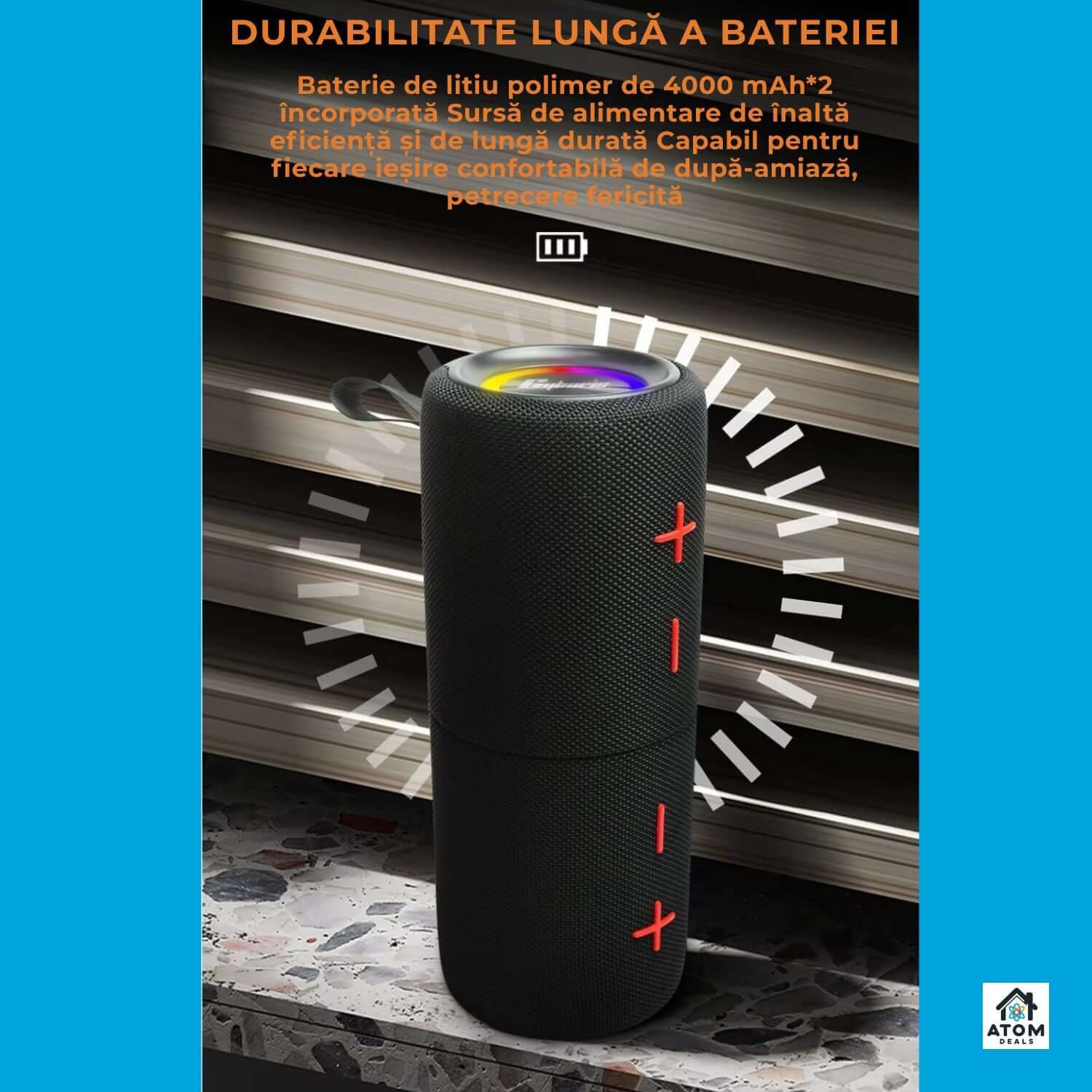 Boxa Bluetooth Portabila 40W (2x20W), Bass Puternic, IPX6 Waterproof, Autonomie 20h, TWS, LED RGB ATOM Deals