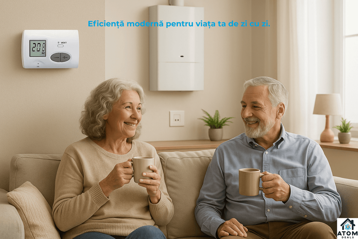 Termostat wireless RF ATOM Deals®, alb, cu receptor, ecran LCD iluminat, control temperatura 5-35 °C, precizie ±0.5 °C