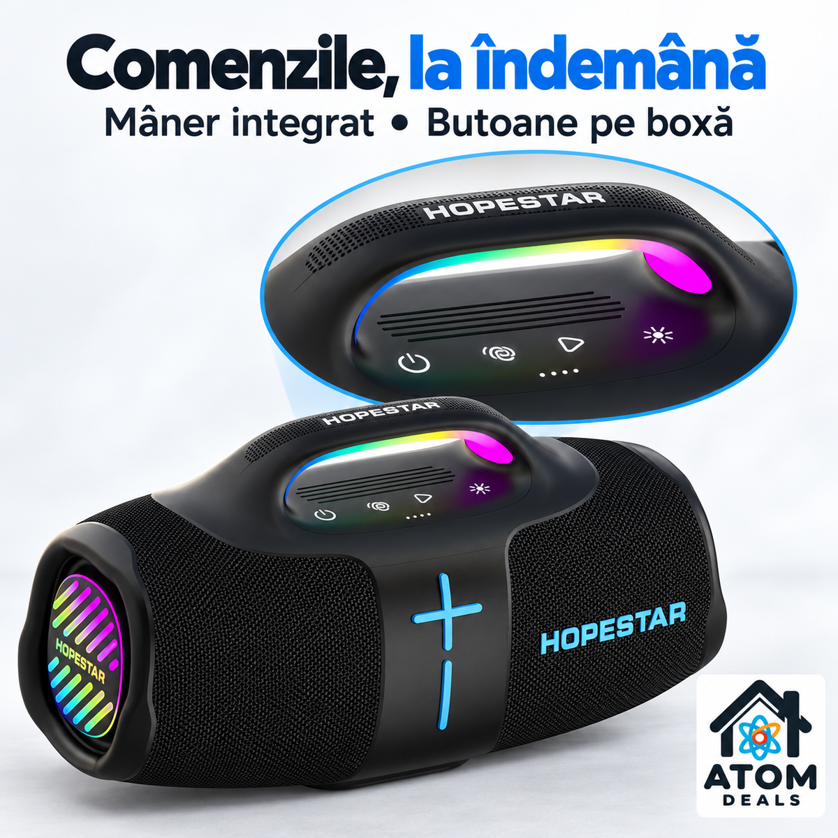 Butoanele de control și mânerul integrat ale boxei Bluetooth HOPESTAR H96